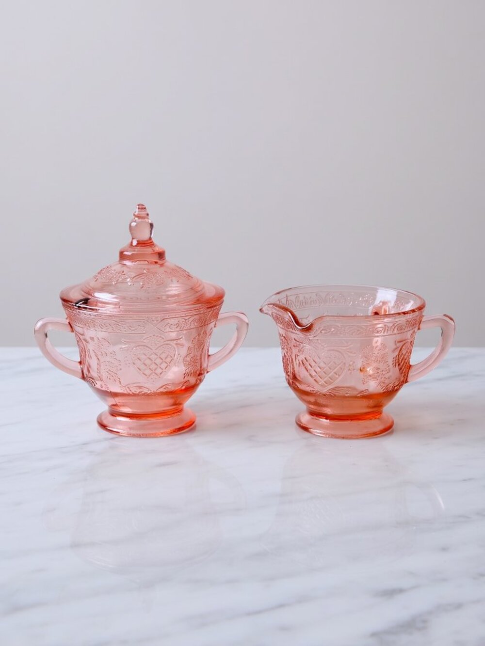 Federal Glass Sharon Cabbage Rose Pink Depression Glass Sugar Creamer Set c1930s
